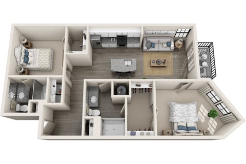 2 bed 2 bath 1010 sf 3D floor plan at 1010 Dilworth Apartments, North Carolina